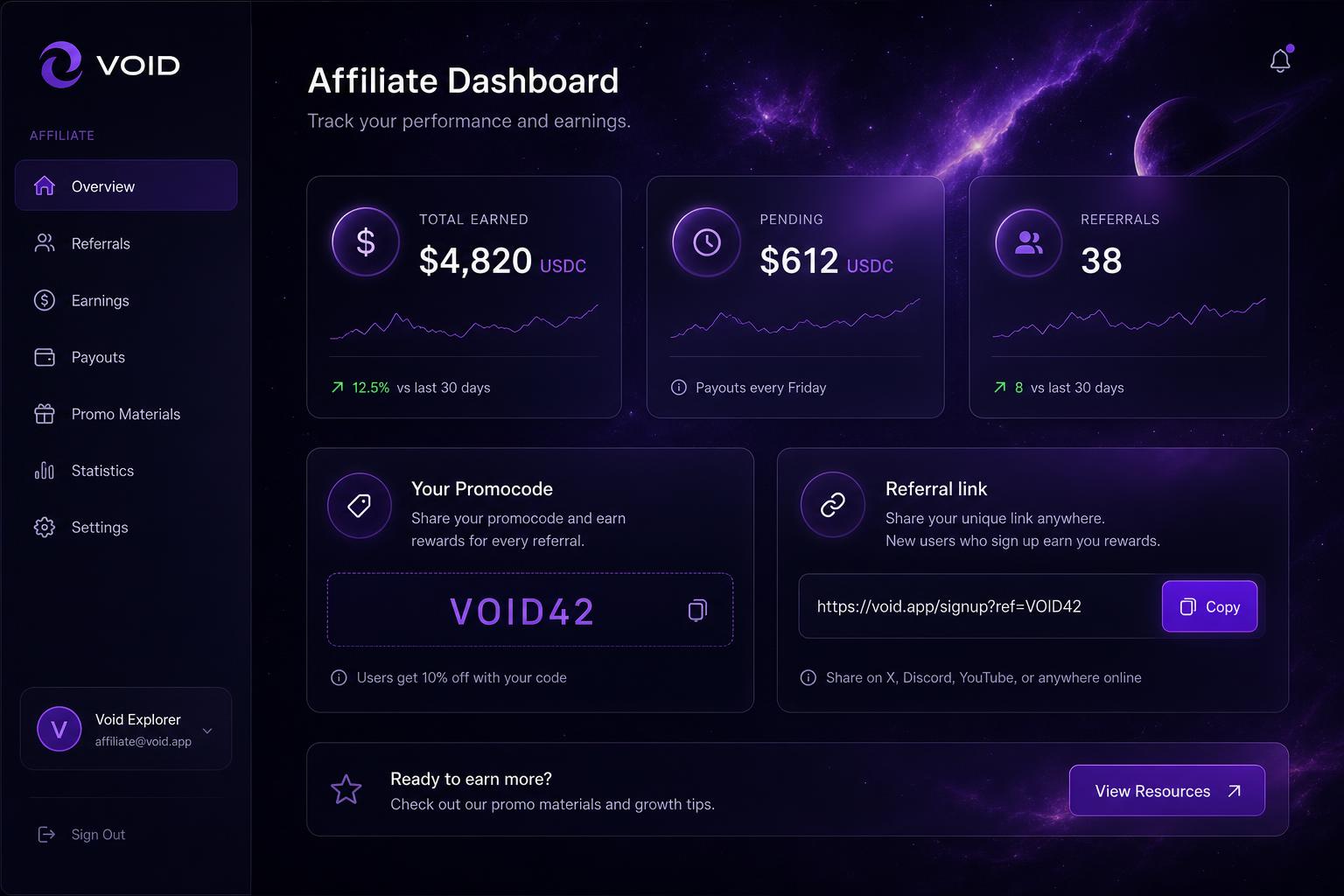 Preview of the VoidCalls affiliate dashboard